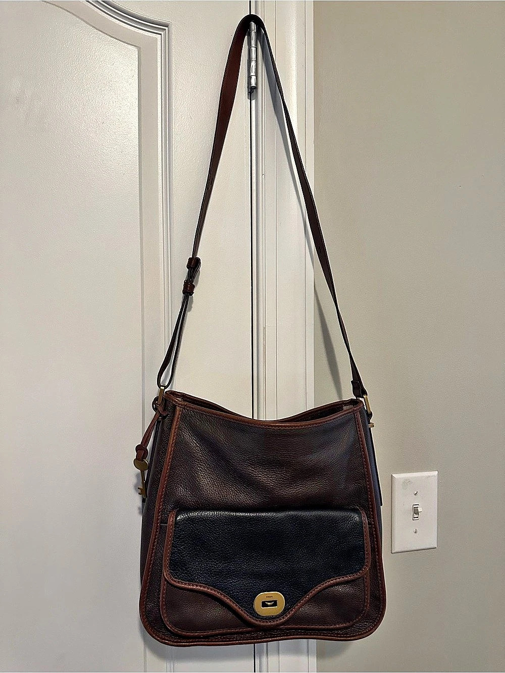 Fossil Leather Trim Crossbody Bag in Brown & Black